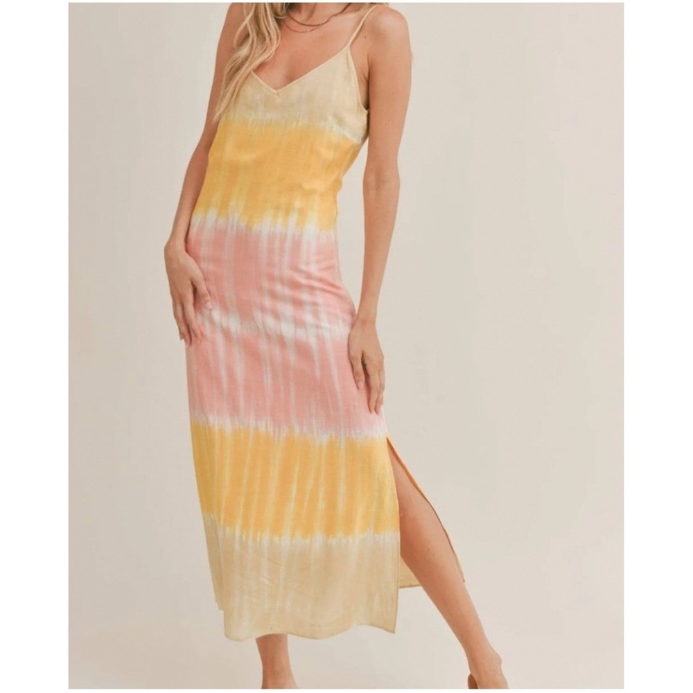 Anthropologie Sadie & Sage Tie Dye Midi Dress Small Yellow Pink Slip Grunge Boho